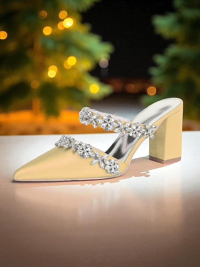 Block Heel Floral with Women's Black Mules Satin Rhinestone