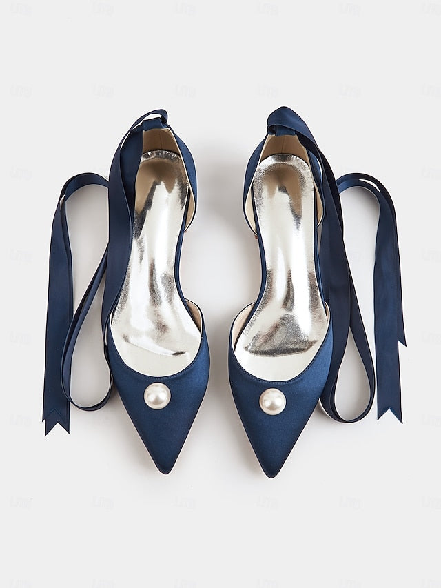 Pointed Toe Embellished Navy - Women's Pearl Satin Flats