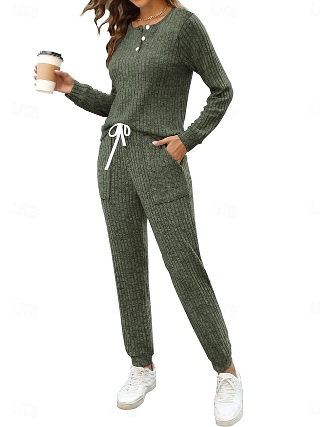 Women's Pants Sets Long Sleeve Crew Neck Solid Color