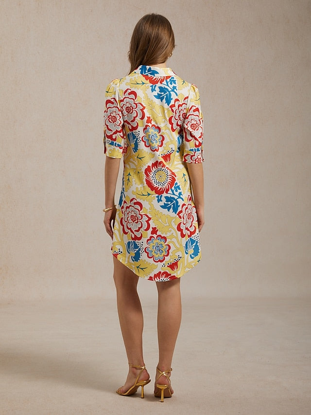 Vacation Satin Yellow Floral Print Shirt Mini Dress