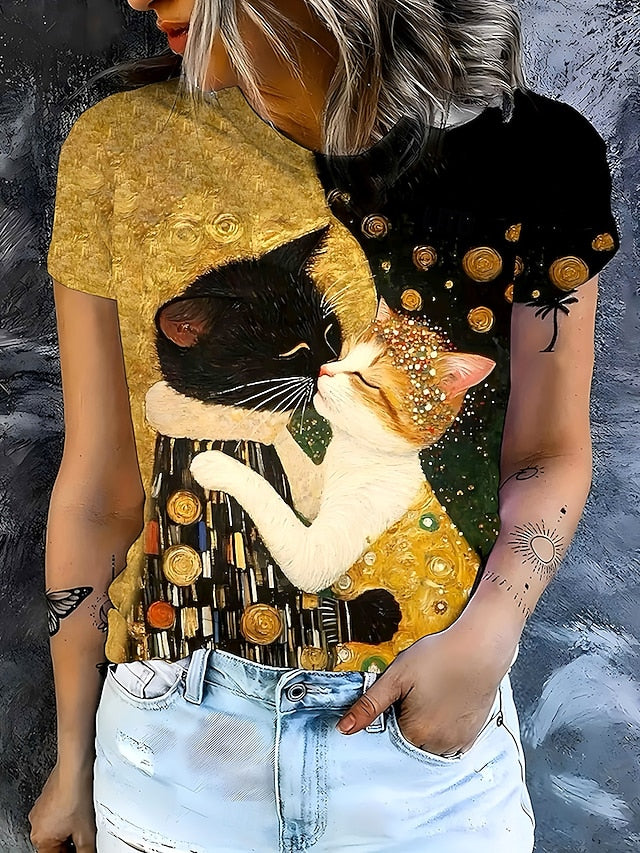 Women's T Shirt Print Graphic Animal Cat Vintage Stylish