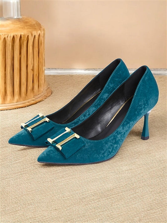Heel Pointed Pumps Toe Elegant Teal Kitten Velvet Women's -
