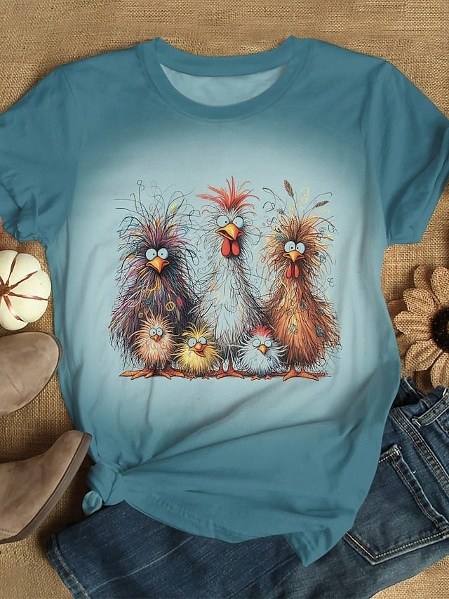 Women's T Shirt Print Ombre Graphic Rooster Vintage Stylish