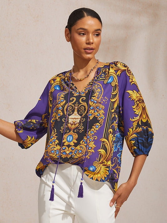 Midnight Blue Baroque Chiffon 3/4 Sleeves Top