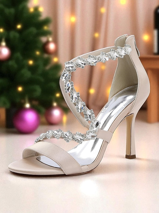 Sandals Rhinestone High Strappy Women's White - Heel