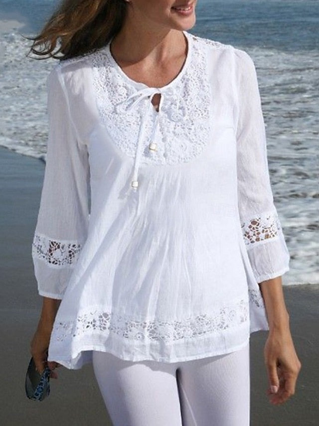 Women's Popover Shirt Summer Shirt Casual Shirt Blouse Lace