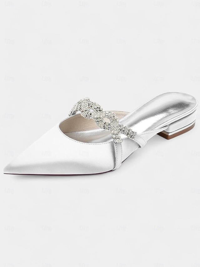with - Detailing Mule Blue Rhinestone Pointed-Toe Satin Heels