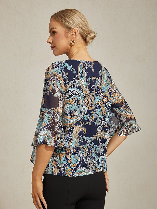 Women's Female Paisley Casual Blue Paisley 3/4 Sleeve