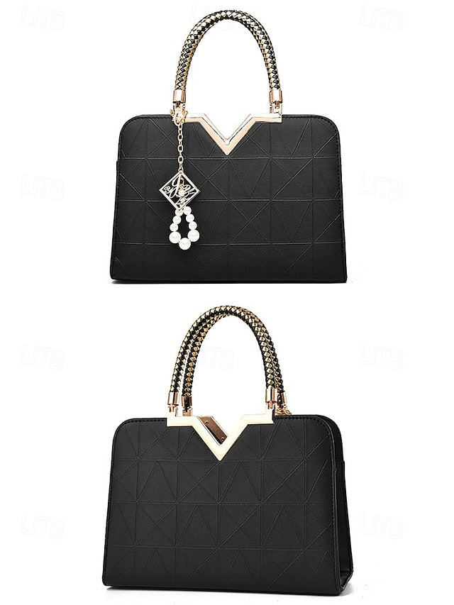 Women's Faux Leather Handbag with Pearl Pendant – Elegant