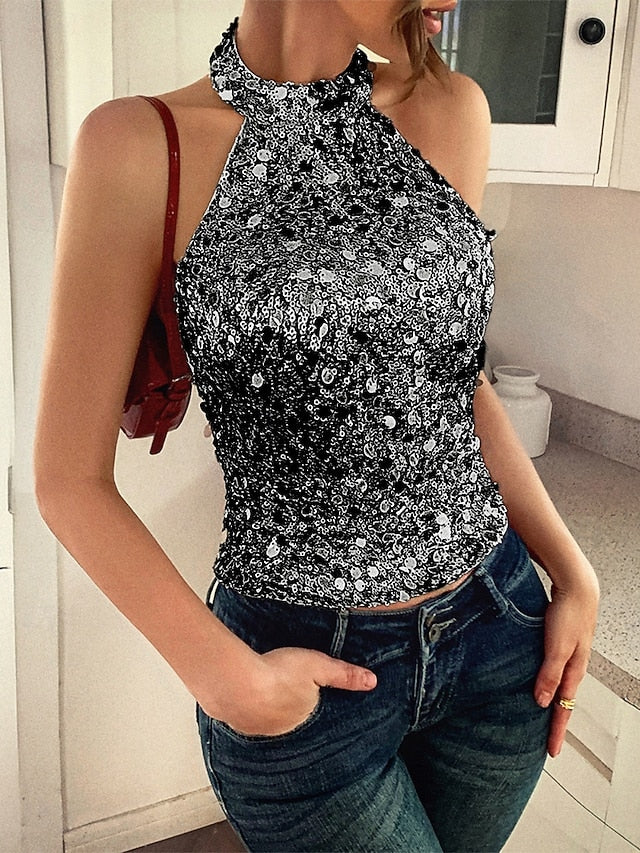 Women's Camisole Tank Top Sequins Solid Color Stylish