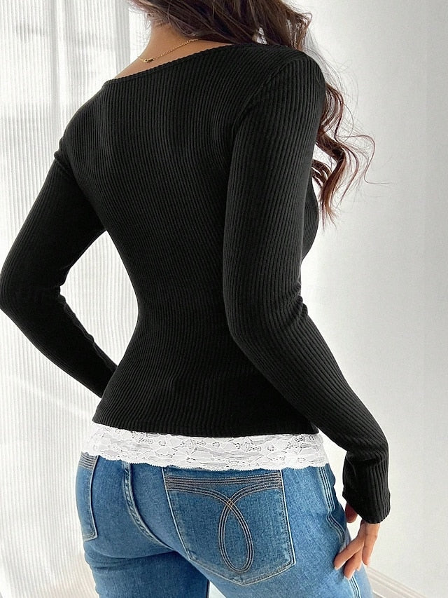 Women's T-Shirt  Solid Color Stylish Casual Long Sleeve