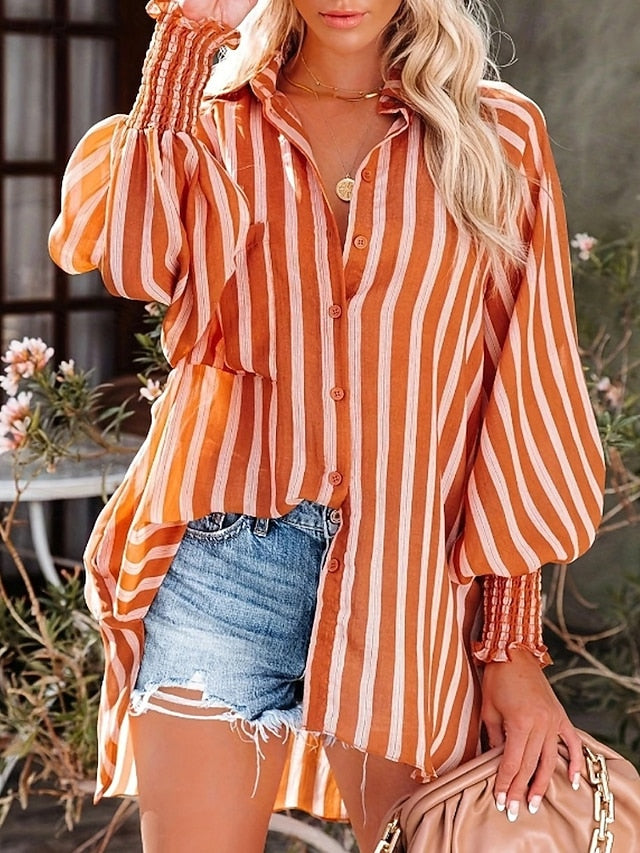 Women's Shirt Blouse Buttons Plain Striped Casual Long