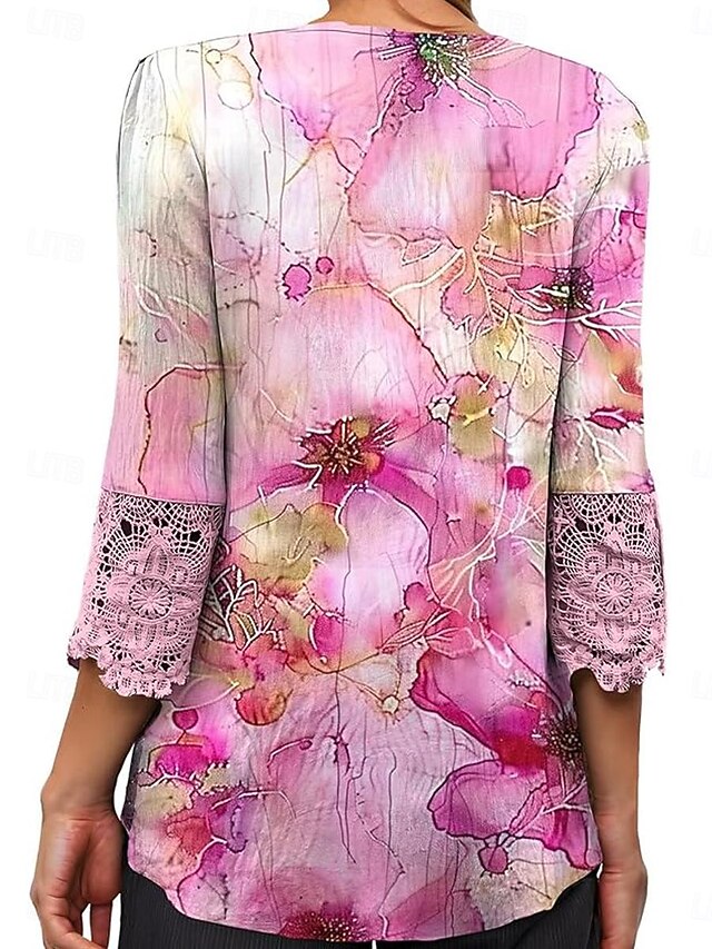 Women's Boho Shirt Tunic Lace Buttons Ombre Floral Stylish