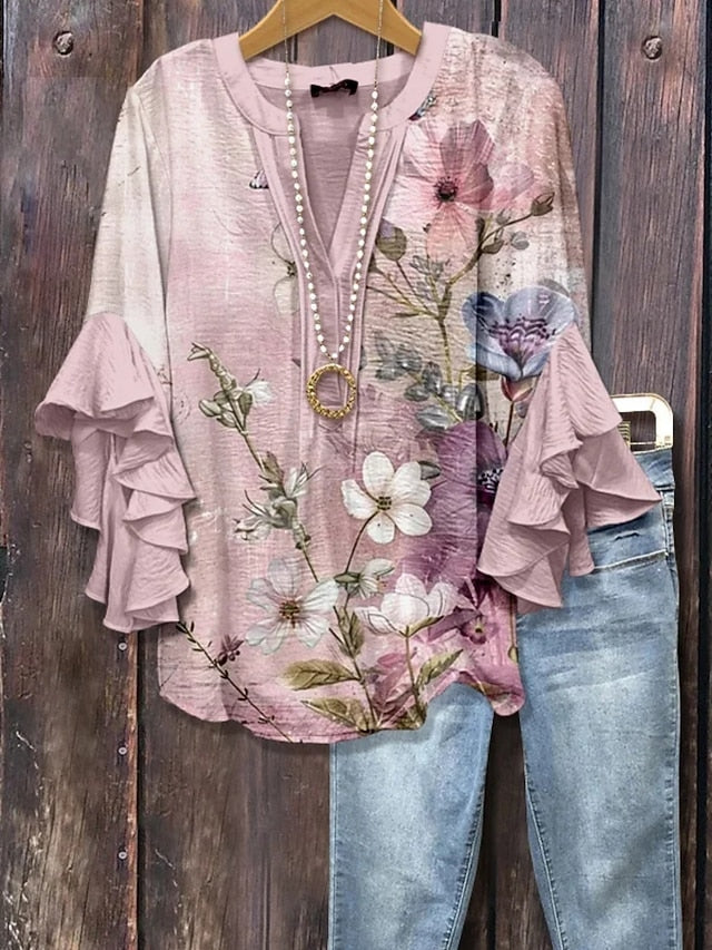 Women's Shirt Ruffle Print Floral Stylish Modern 3/4 Length