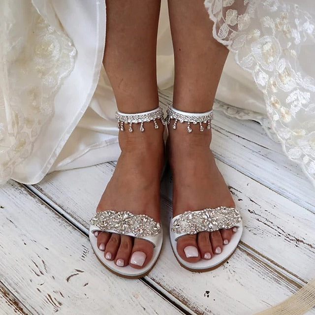 Bridal Rhinestone Women's – White Sandals Elegant Flat