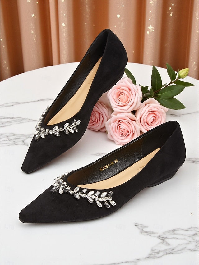 Women's Black Toe Rhinestone Suede Flats with Pointed