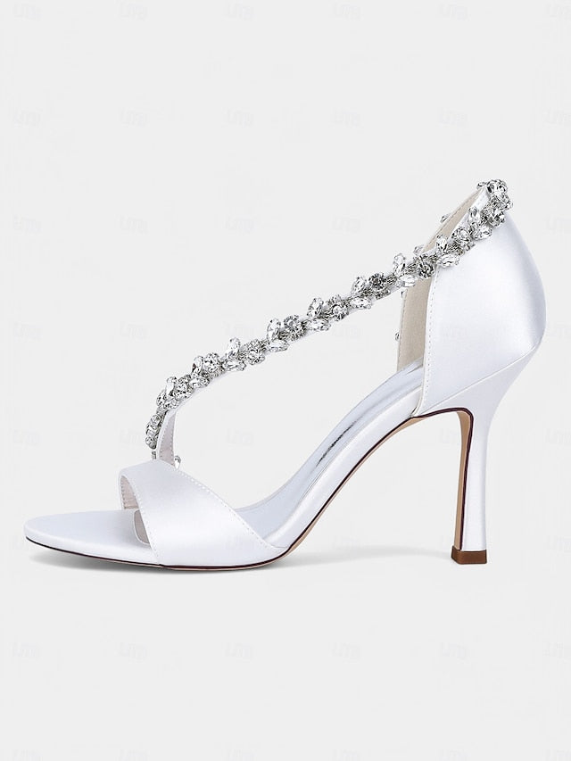 – Satin Champagne Crystal High Women's Heels T-Strap with