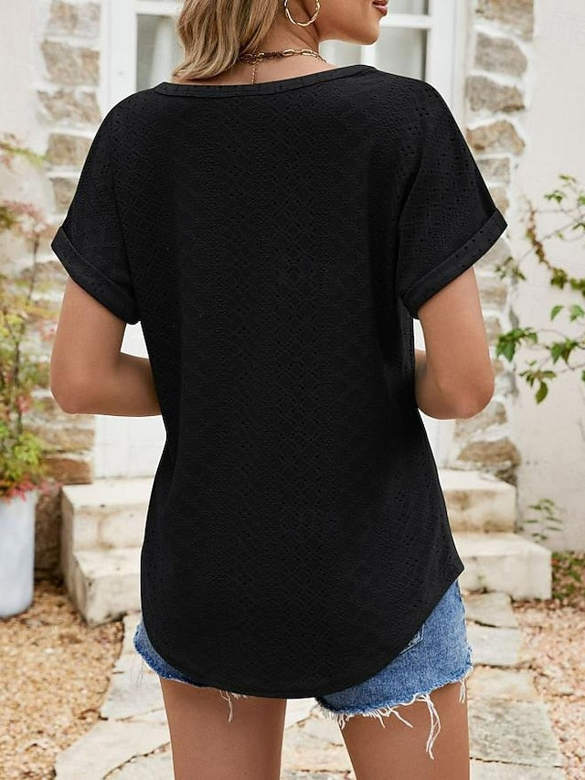 Women's Texture Blouse Eyelet Top Pointelle Tee Tunic