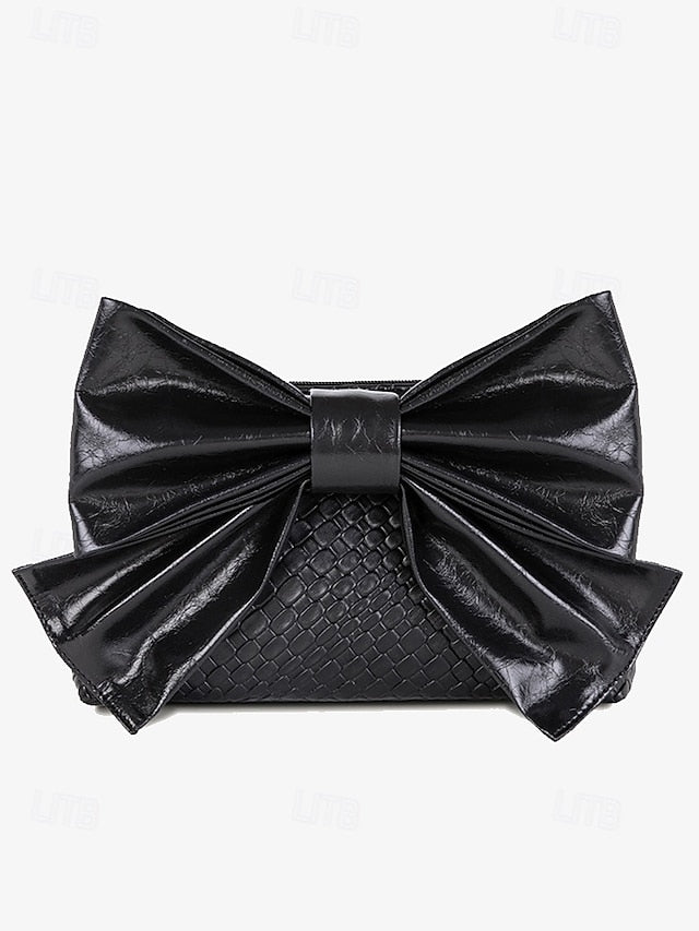 with Faux Leather Clutch Bow Gold Bag Oversized Women's
