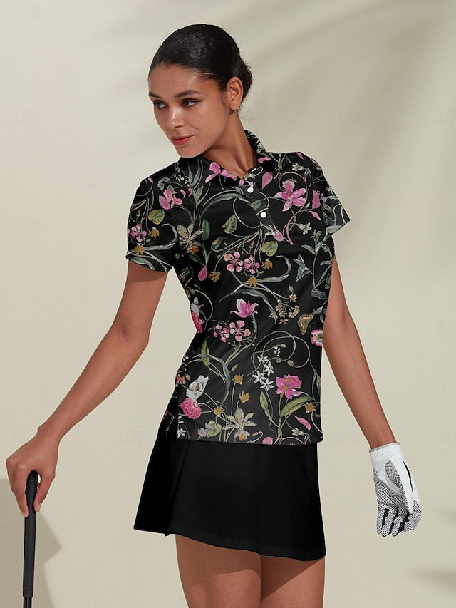 Women's Golf Polo Shirt Black Short Sleeve Top Floral