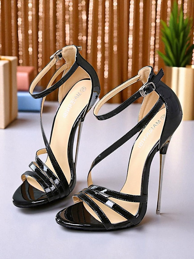Red Stiletto Strappy High Sandals Heels Patent PU - Women's