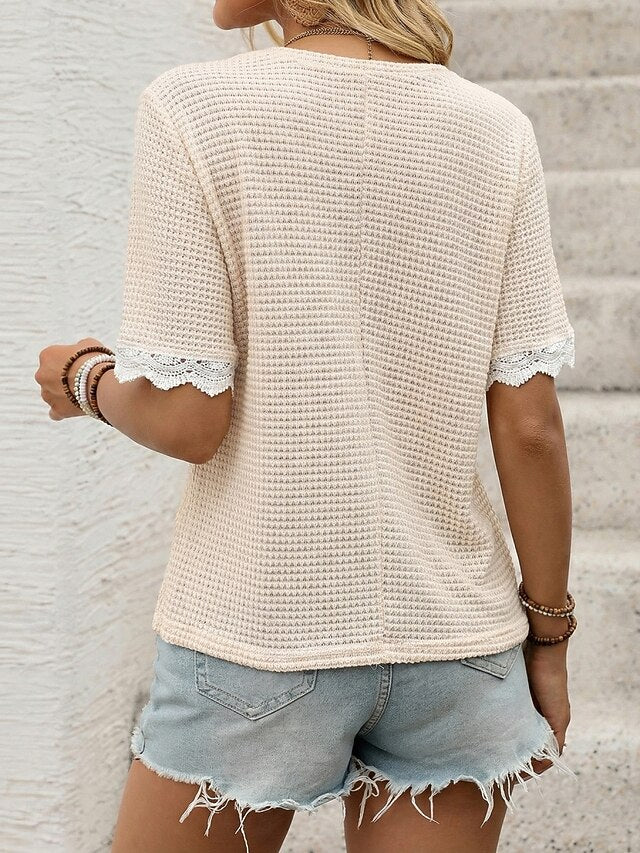 Women's Blouse Lace Patchwork Buttons Solid Color Stylish