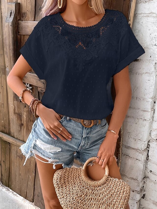 Women's T Shirt Lace Patchwork Plain Fashion Stylish