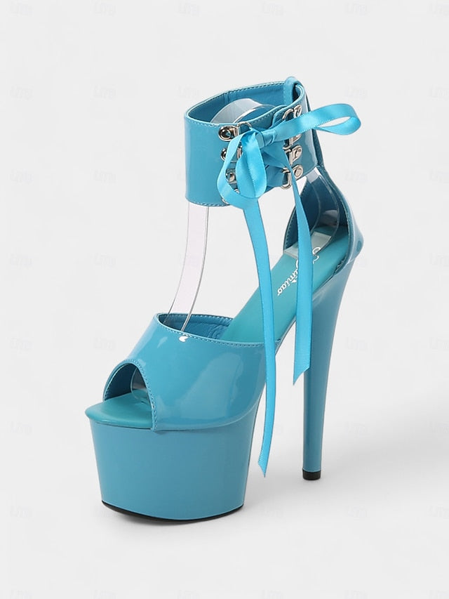 Black Patent with Leather Lace-Up Sandals Ankle Straps Platform