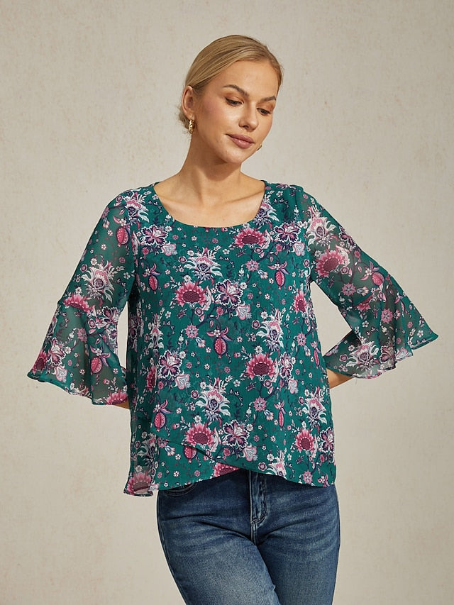 Women's Green Floral Print Sheer Flowy Chiffon Blouse