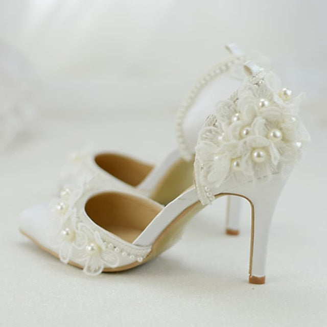Women's White Lace Floral with Platform Wedding Heels