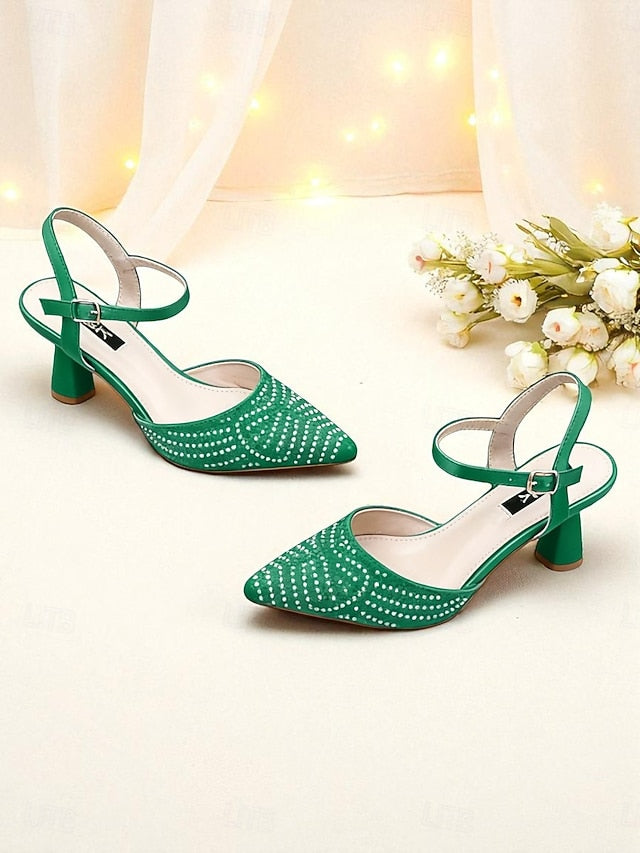 Women's Red Toe Rhinestone Pointed Heels Slingback