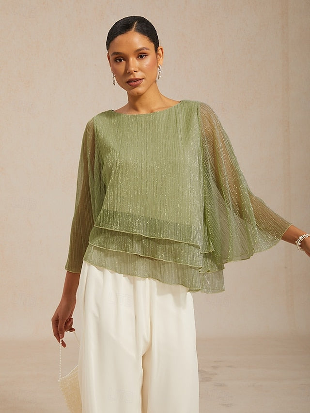 Women's Blouse Chiffon Tops Pleated Layered Metallic