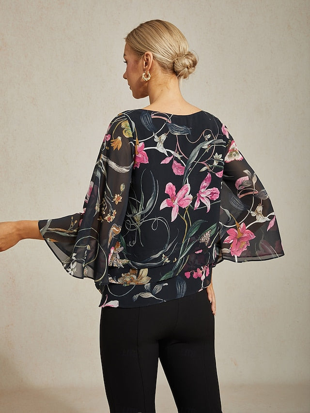 Women's Blouse Black Floral 3/4 Sleeve Loose Round Neck