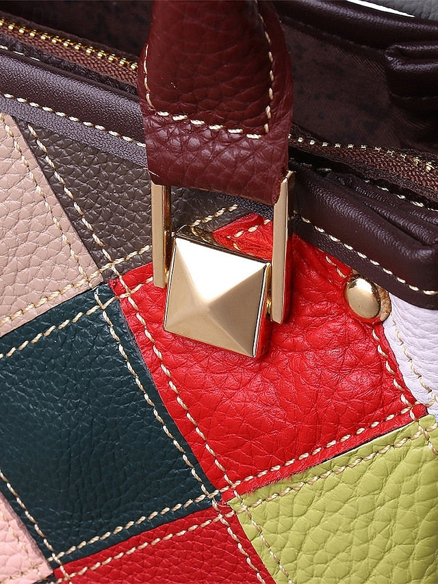 Women's Leather Handbag, Multi-Color Patchwork Design,