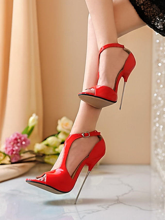Red Strappy Stiletto Patent Open - Heels Leather Women's