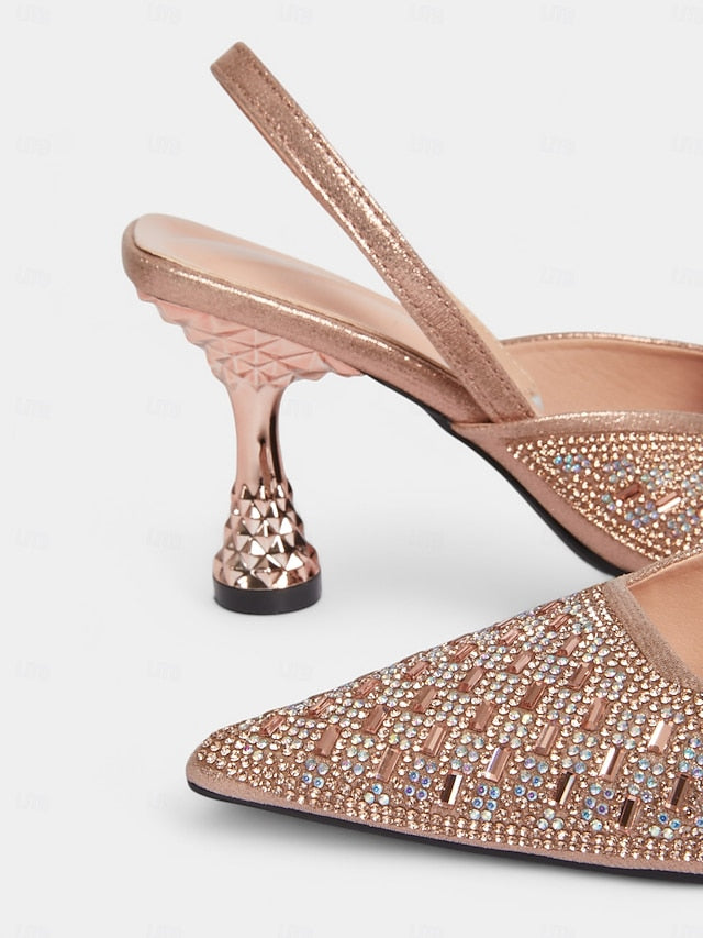 Women's Slingback with Rose Heels Geometric Gold Rhinestone