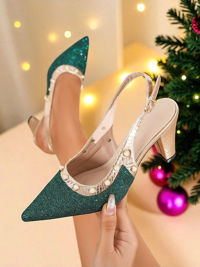 Strap Gold Heels with High Women's Green Slingback Glitter