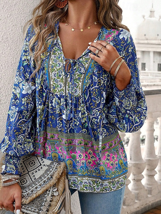 Women's Boho Shirt Blouse Print Flower Modern Boho Long