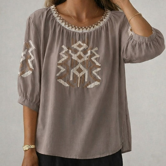 Women's Boho T-shirt Cotton Linen T Shirt Embroidered