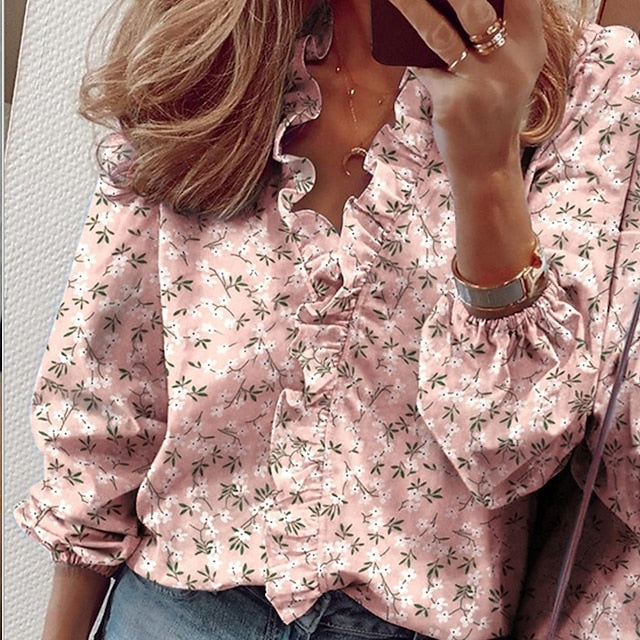 Women's Shirt Blouse White Orange Green Graphic Floral