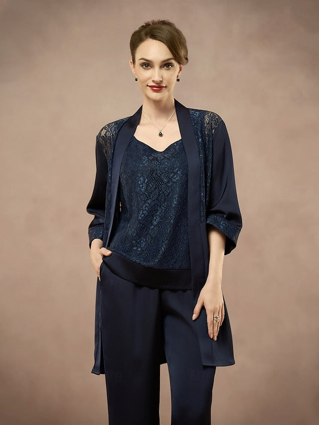 3 Piece Mother of the Bride Pantsuit Metalic Floral Lace