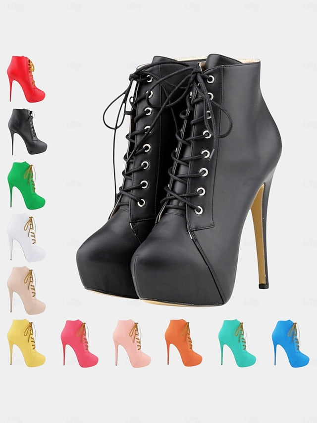 - Ankle Lace-Up Boots Leather Women's Beige Faux Platform