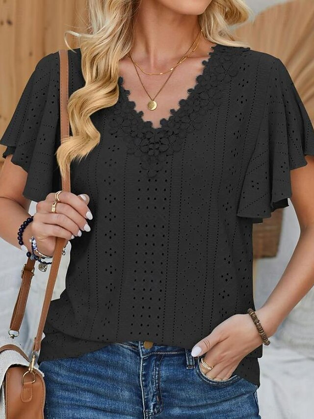 Women's Pointelle Shirt Eyelet Top Lace Shirt Lace Short