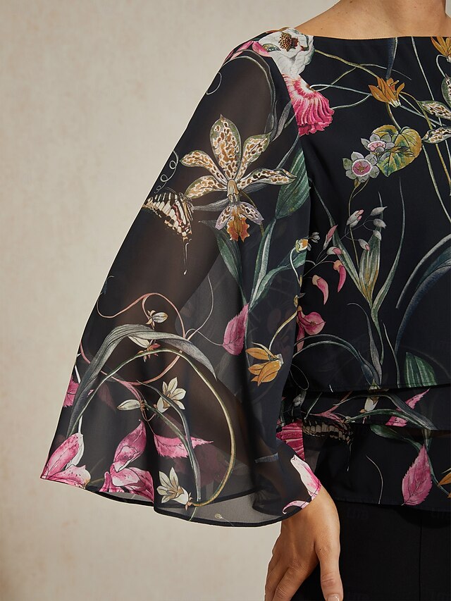 Women's Blouse Black Floral 3/4 Sleeve Loose Round Neck
