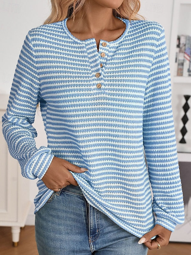 Women's T Shirt Buttons Striped Classic Casual Long Sleeve