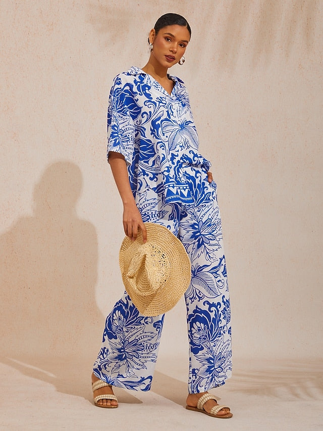St Barth Blooms Airy Linen Look Blue Wide-Leg Pants