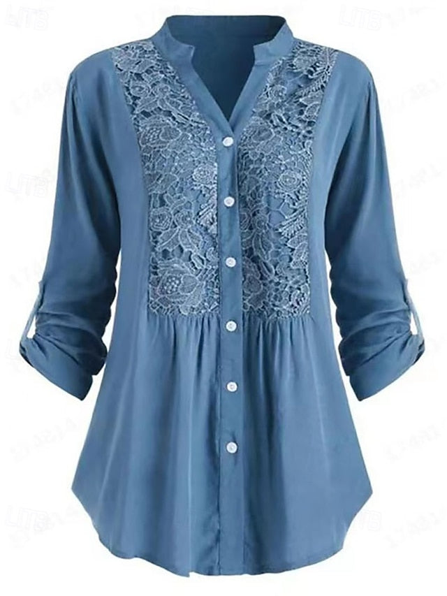 Women's Shirt Blouse Ruched Lace Buttons Plain Elegant