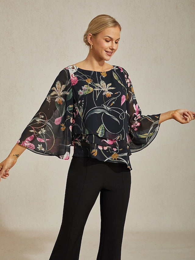 Women's Blouse Black Floral 3/4 Sleeve Loose Round Neck