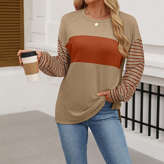 Women's T Shirt Tee Top Patchwork Striped Fashion Classic