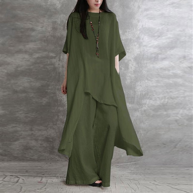 Women's Shirt Pants Sets Long Cotton Top Wide Leg Pants